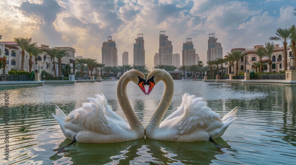 Two swans forming a heart shape in a serene lake with modern buildings and palm trees in the background at sunset