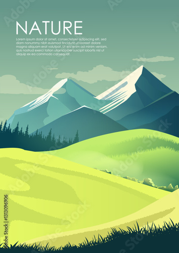 Nature landscape poster. Beautiful summer scenery with green fields, hills, coniferous forest and mountain peaks. Environment panorama. Design element for flyer. Cartoon flat vector illustration