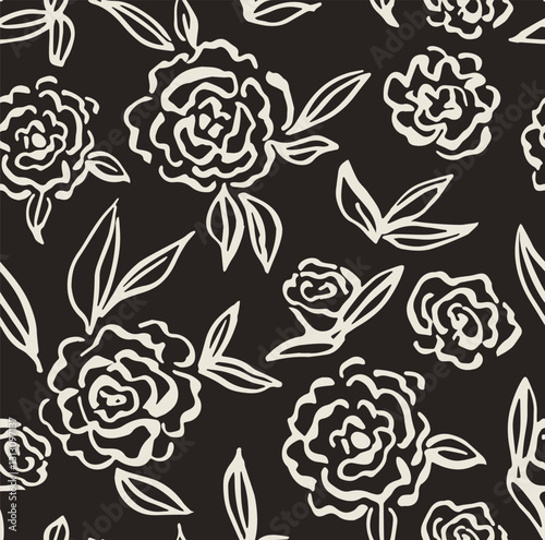 Seamless floral pattern. Organic repeating ornament with blooming flowers, roses and leaves. Design element for printing on fabric or textile. Flat hand drawn doodle style vector illustration