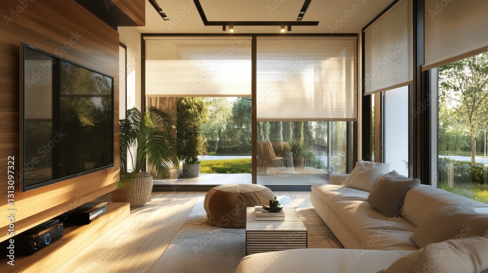A smart home featuring a voice-controlled modern window system, adjusting blinds and lighting automatically. A smart home featuring a voice-controlled modern window system, adjusting blinds and lighting automatically.