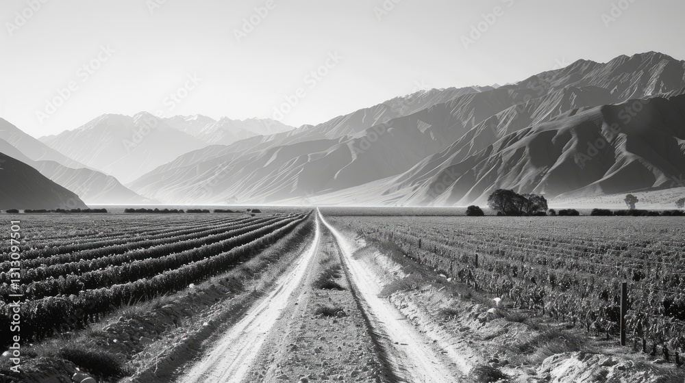 Serene black and white landscape showcasing a winding dirt road through vineyards with mountains in the background