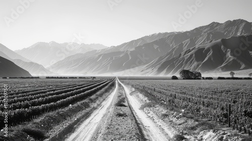 Obraz na płótnie Serene black and white landscape showcasing a winding dirt road through vineyards with mountains in the background w salonie
