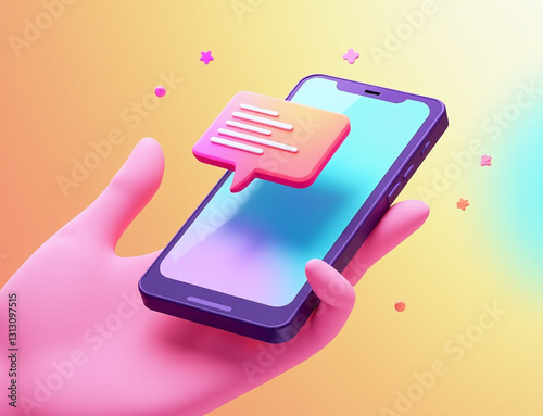 Stylized mobile phone illustration, exaggerated 3D SMS icon extending outwards