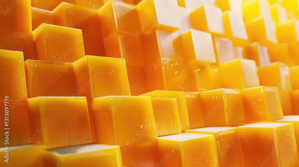 Close-up view of vibrant orange cheese cubes stacked artistically, showcasing texture and light reflections