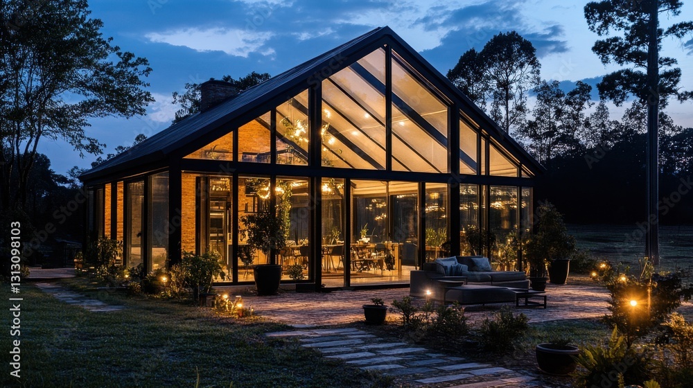 Obraz premium A stylish glass house at night, illuminated by elegant lighting and surrounded by a peaceful landscape.