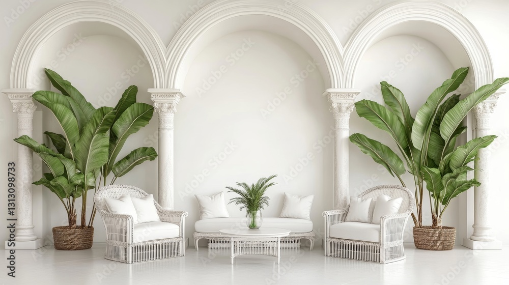 Elegant white lounge setup with archway, tropical plants in luxury space Elegant white lounge setup with archway, tropical plants in luxury space