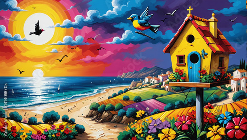 Wooden house in the forest with birds and trees under a blue sky