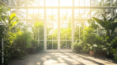A sunlit greenhouse with wide glass doors  revealing lush plants growing inside.