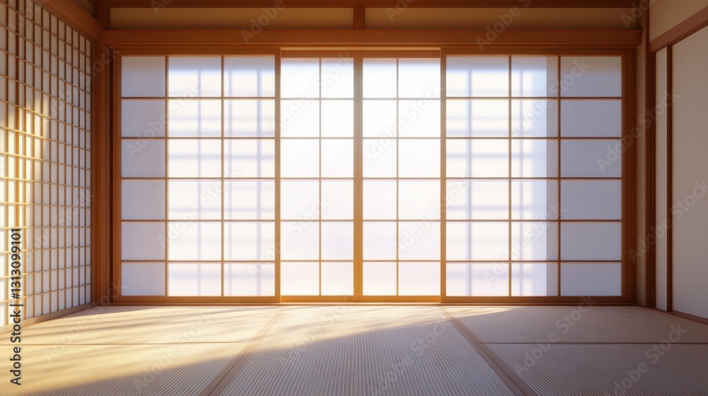 A traditional Japanese shoji window, letting soft natural light filter into a minimalist room. A traditional Japanese shoji window, letting soft natural light filter into a minimalist room.