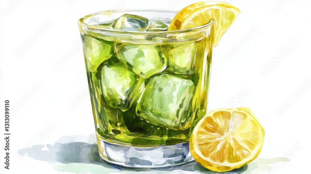Fototapeta premium Refreshing Citrus Beverage with Ice Cubes and Lemon Slice