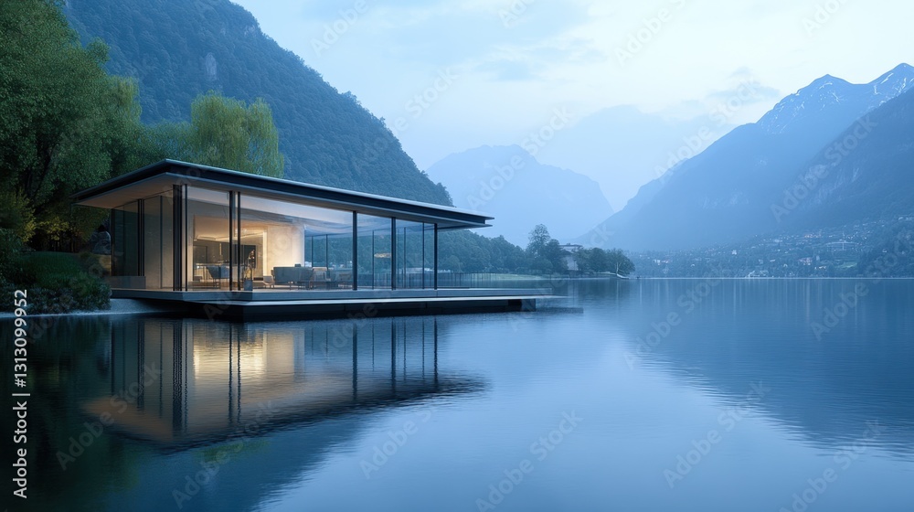 Naklejka premium A transparent glass house on a lake, reflecting the surrounding water and mountains in its sleek exterior.