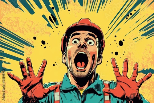 A startled man wearing a hard hat displays surprise and shock