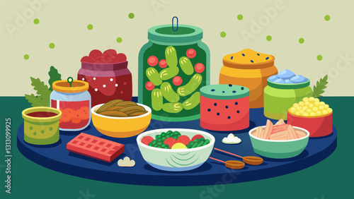 Pickle lovers rejoice a homemade pickle buffet with an assortment of flavors and intensities.. Vector illustration