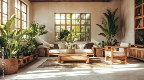 A tropical-style home interior with wooden furniture  indoor plants  and large windows letting in natural sunlight.