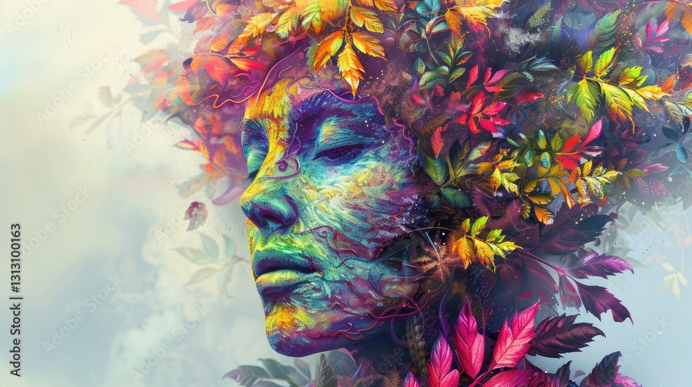 Vibrant portrait of a woman with a floral headdress, surrounded by colorful foliage against a dreamy background