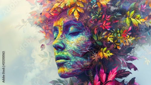 Obraz na płótnie Vibrant portrait of a woman with a floral headdress, surrounded by colorful foliage against a dreamy background w salonie