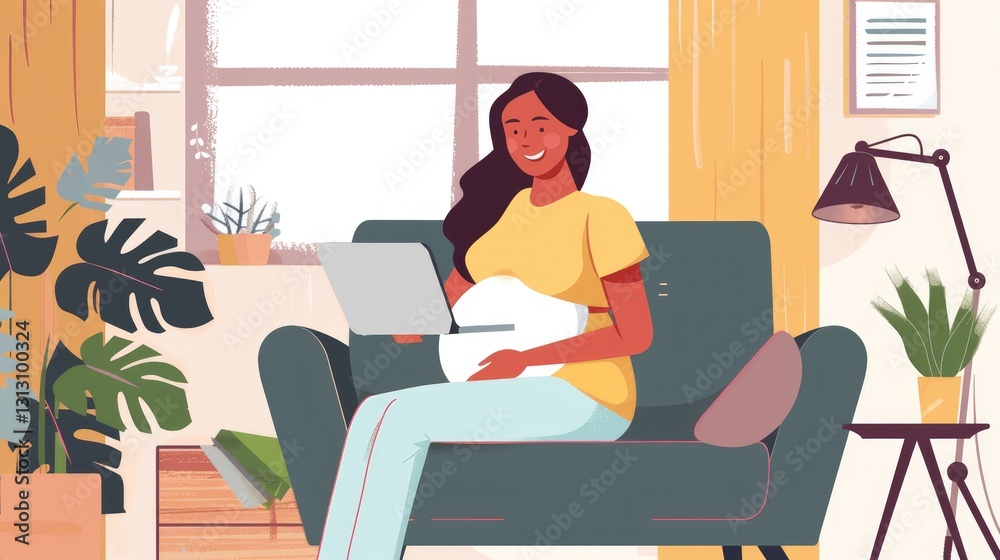 Pregnant woman working on laptop at home, surrounded by plants, in a cozy living room with natural light