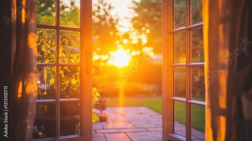 A warm sunset glow reflecting off a glass patio door in a cozy countryside home.