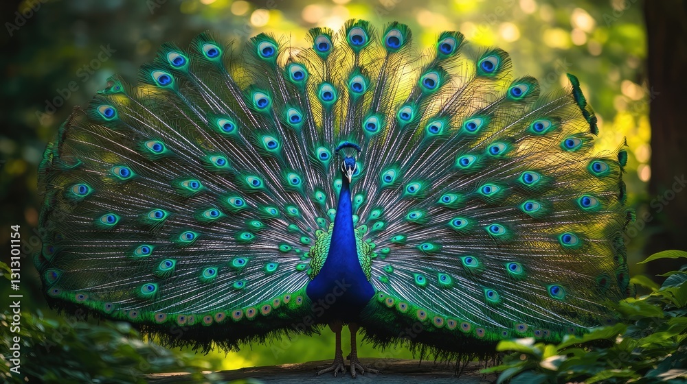 Obraz premium Majestic Peacock Displaying Its Vibrant Plumage in Lush Green Environment Natural Beauty Wildlife Photography