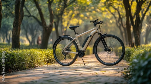 A hybrid bicycle on a path through a park, surrounded by trees and greenery. The image is perfect for promoting cycling, outdoor recreation, and sustainable transportation.