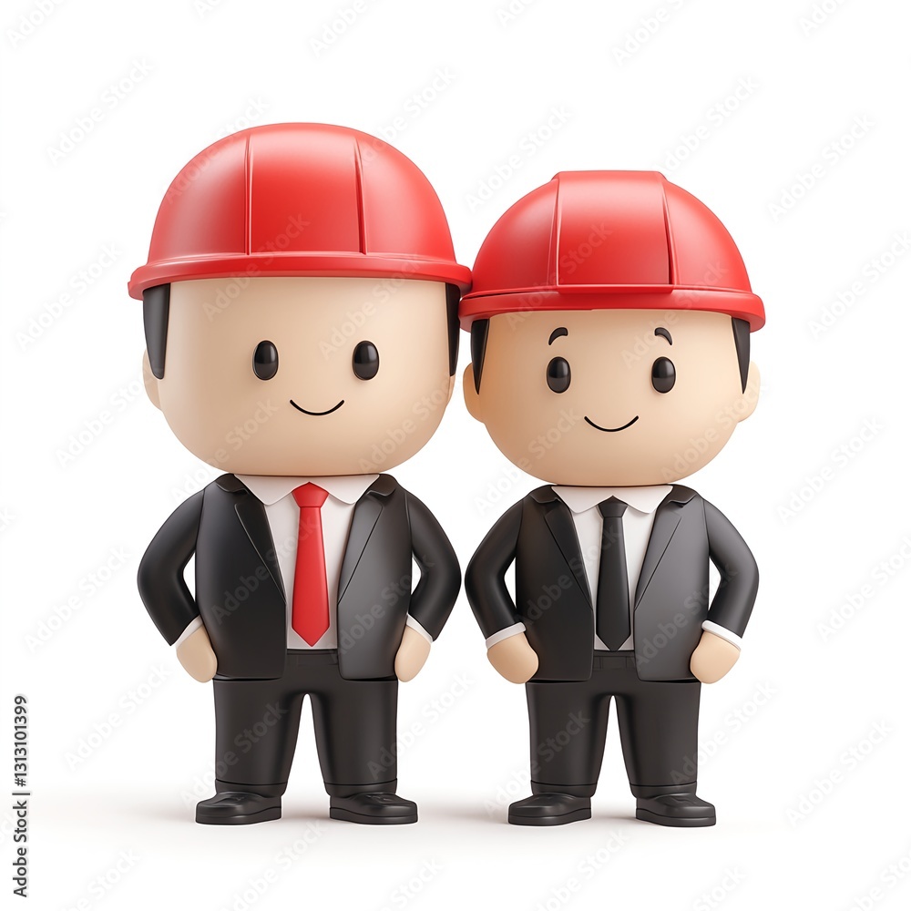 Two Cartoon Businessmen in Red Hard Hats and Black Suits Two Cartoon Businessmen in Red Hard Hats and Black Suits