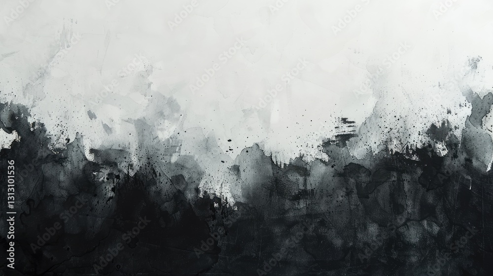 Abstract monochrome artwork featuring a gradient of black and white shades with textured brush strokes