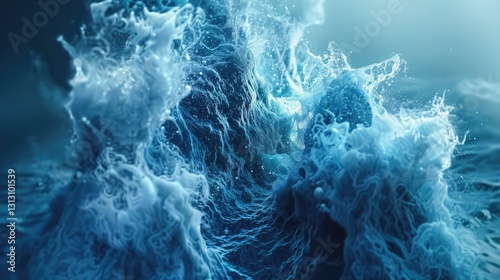 Dramatic ocean waves crashing with vibrant blue tones, showcasing the power of nature in a serene atmosphere
