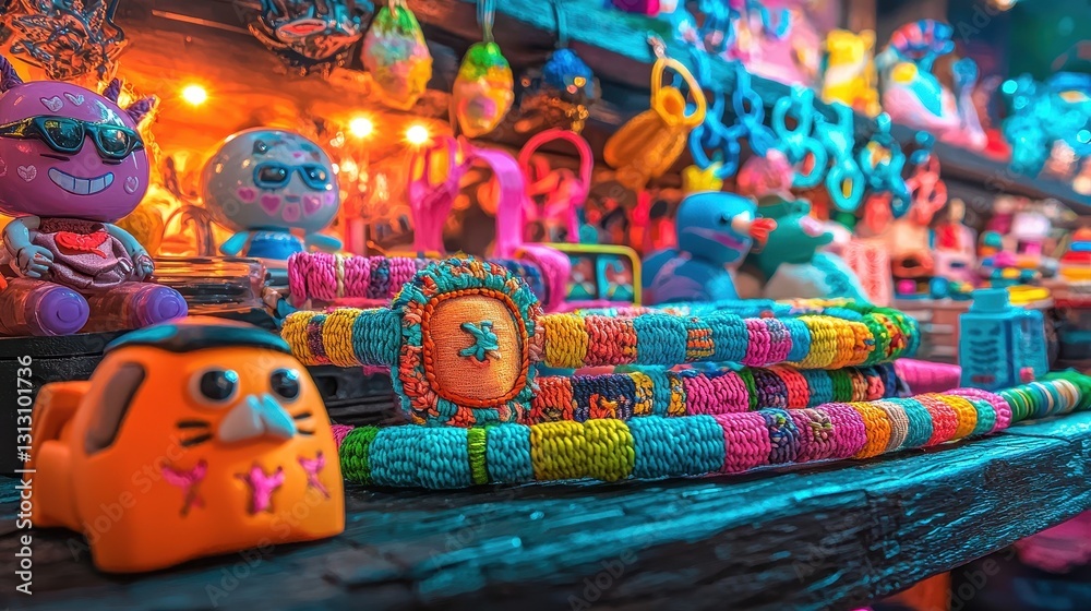 Fototapeta premium Colorful toys and vibrant accessories on a playful display shelf