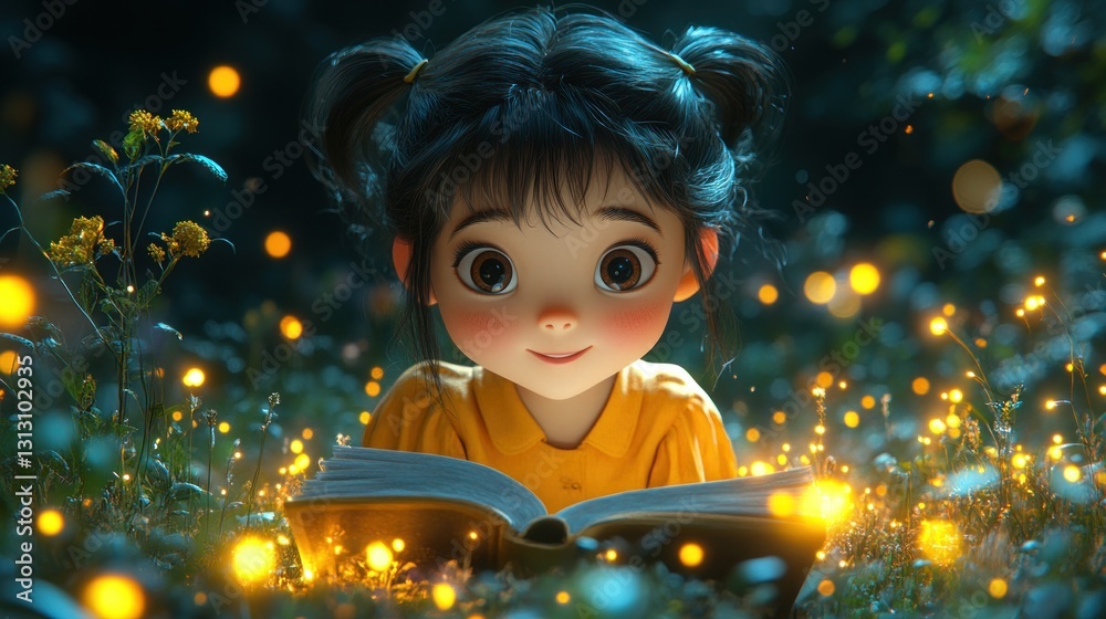 Cute girl reading book in meadow at night Cute girl reading book in meadow at night