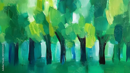 Abstract Green Forest Painting Impasto Trees Artwork