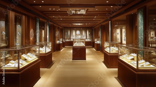 Luxury gemstone boutique with well-lit display cases filled with rare gemstones.