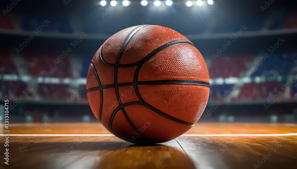 Close-Up of Basketball on Court with Hoop in Background - Sports Arena
