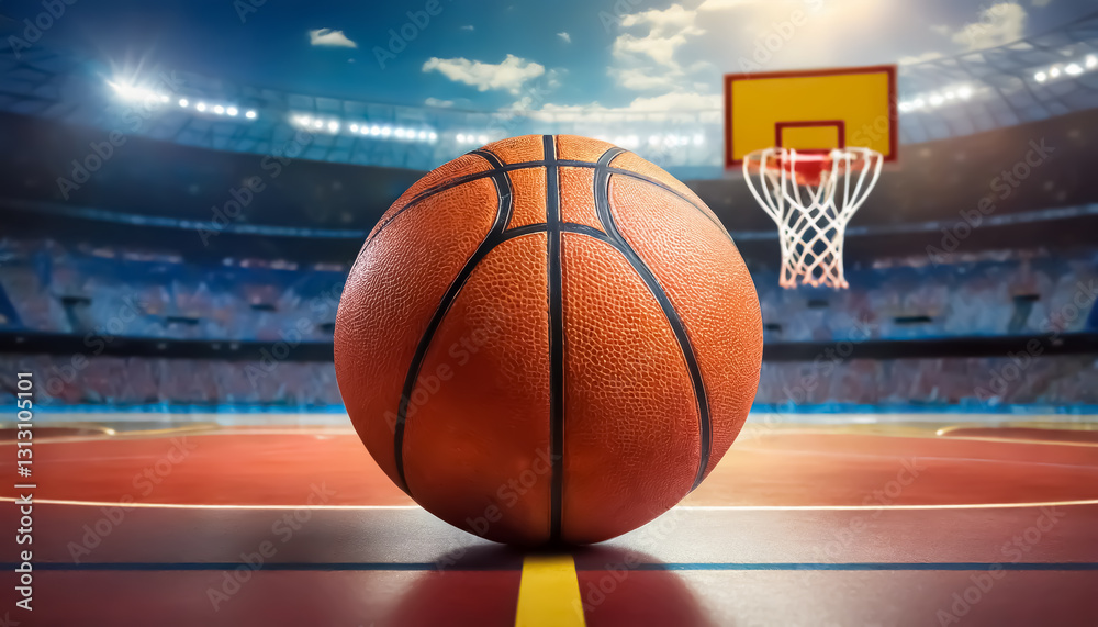 Obraz premium Dynamic Basketball on Court with Hoop in Stadium at Sunset - Sports Concept