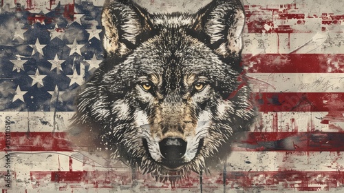 A majestic wolf's head superimposed on a weathered American flag, symbolizing strength and freedom