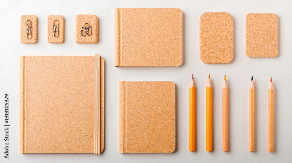 Fototapeta premium Minimalist Office Supplies with Cork Texture on Light Background
