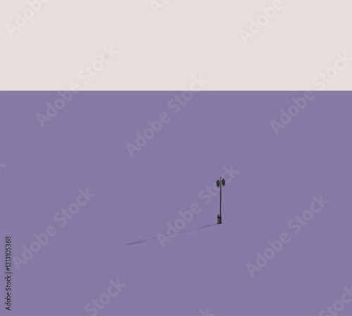 Man standing near traffic light on purple street for crossing road. Modern urban city. Minimal art. 