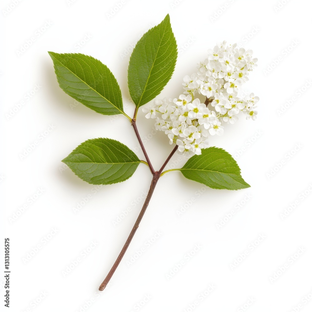 Fototapeta premium Sprig with white blossom and leaves