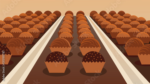Rows of elegant truffles dusted with cocoa powder and encased in shiny couverture beckoning to be relished in a lavish chocolate tasting.. Vector illustration
