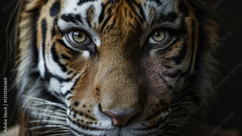 Close-up of a majestic tiger's face showcasing intricate details and fierce expression against a dark background