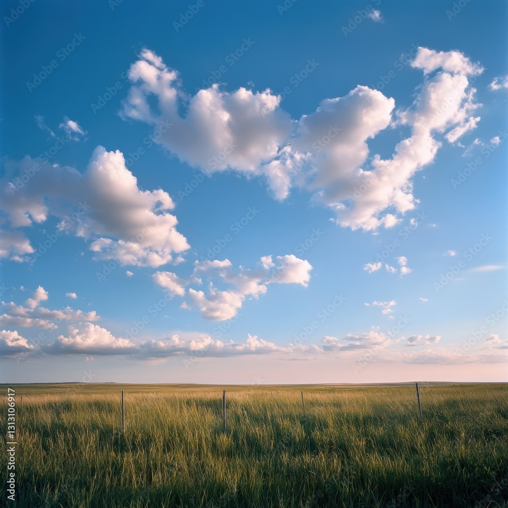 Fototapeta premium Open grass field with cloudy blue sky