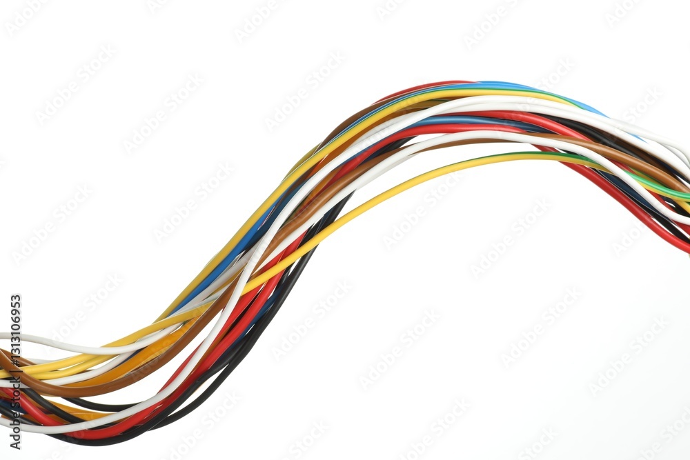 Many colorful electrical wires on white background Many colorful electrical wires on white background