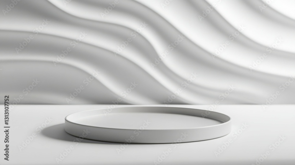 Minimalist white platform against a wavy white backdrop. Perfect for product display. Minimalist white platform against a wavy white backdrop. Perfect for product display.