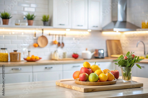 Fresh fruit bowl on kitchen island.