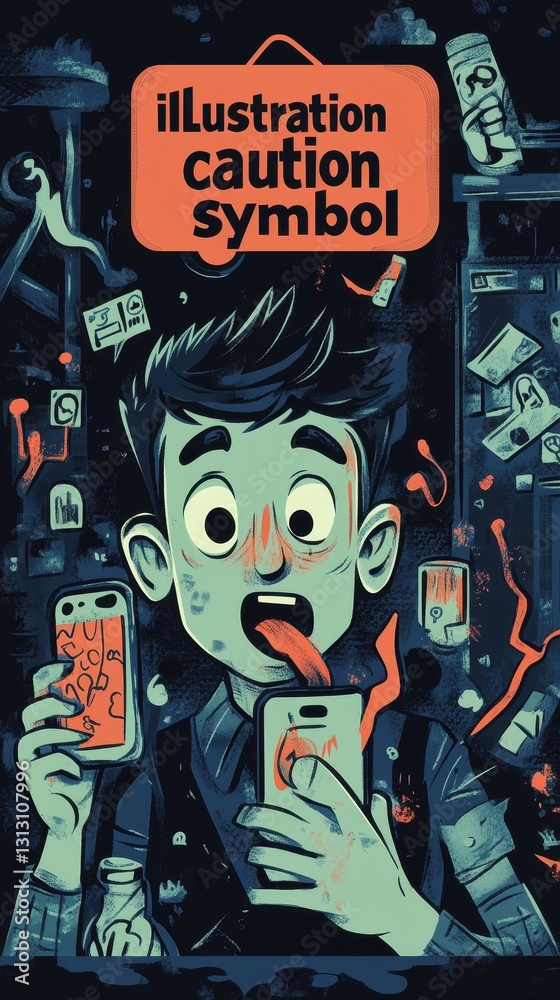 Obraz premium A cartoon illustration warning against smartphone over usage habits