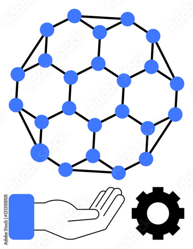 Geometric spherical network of interconnected nodes above open hand and gear symbolizing support, technology, and collaboration. Ideal for teamwork, innovation, engineering, science, connectivity
