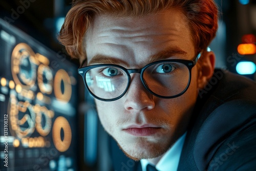 Nerd caucasian young man in a power suit, analytics reflections in his glasses. Visual idea art of it. Dark web vendor looks very focused at the monitor in dark data center. photo