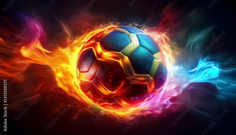 Naklejka premium Dynamic Gold and Black Fiery Soccer Ball on Colorful Fire with Vibrant Flames