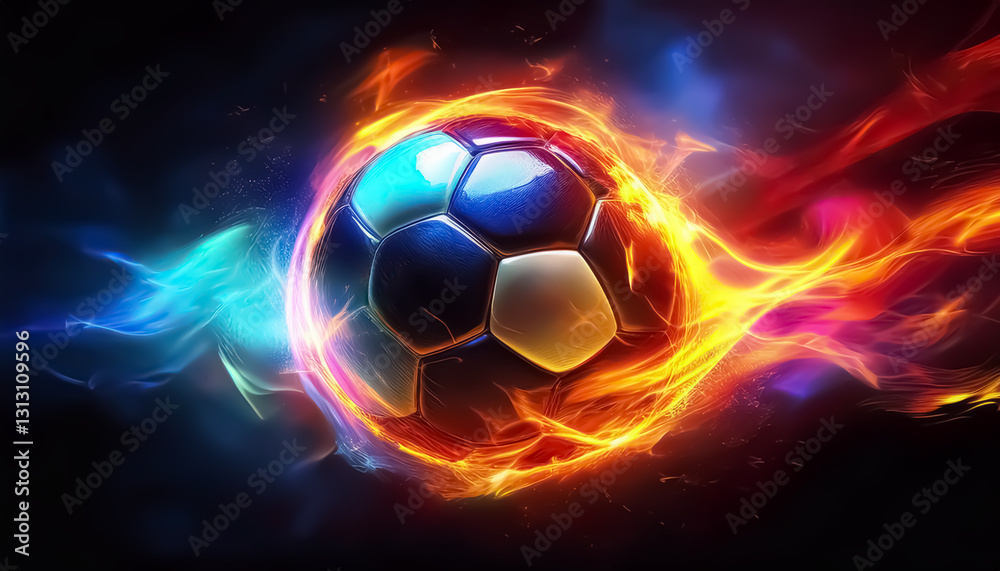 Naklejka premium Fiery Soccer Ball on Colorful Fire with Vibrant Flames