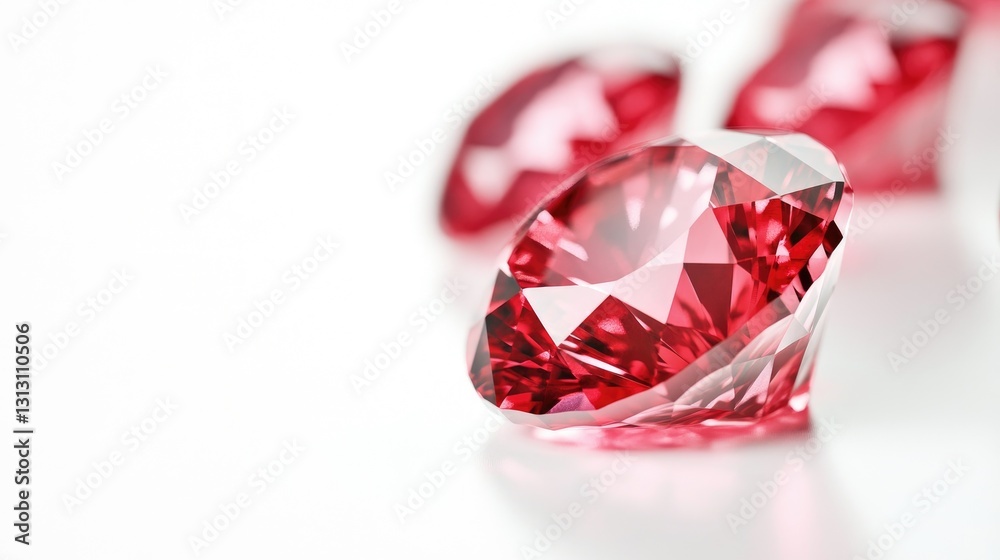 Perfectly faceted rubies casting soft reflections on a smooth white background. Perfectly faceted rubies casting soft reflections on a smooth white background.
