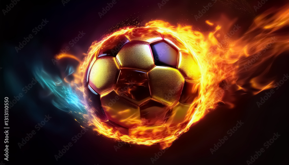 Fototapeta premium Gold Soccer Ball on Fire, Fiery Soccer Ball in Motion with Dynamic Flames and Sparks